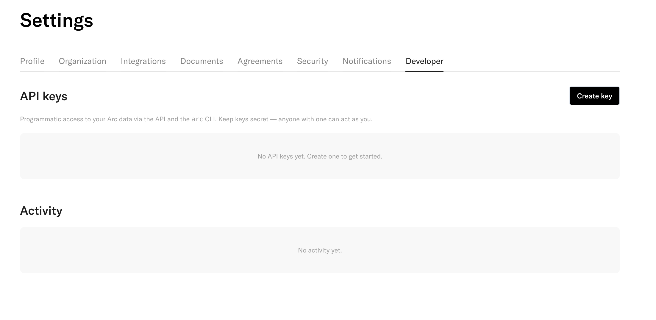 The Developer tab under Settings, before any keys exist
