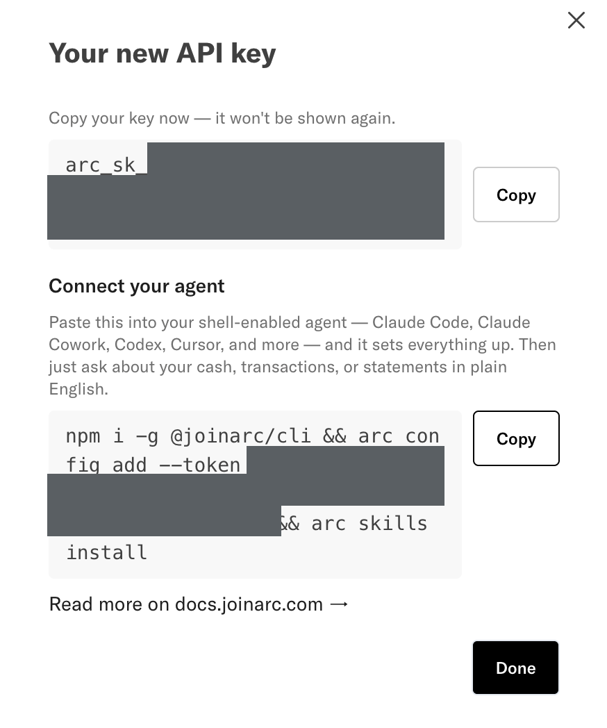 The new API key, shown once, with a copyable setup command to connect an agent