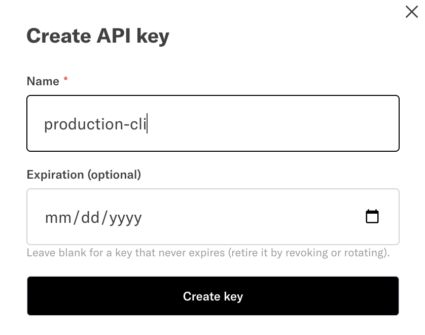 The Create API key dialog with a name and optional expiration
